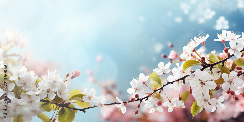 Obraz premium Spring banner with cherry blossom and blue sky copy space. Spring season concept. Shallow depth of field.