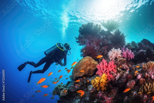 A scuba diver gracefully explores the vibrant and diverse ecosystem of a stunning coral reef.  Person scuba diving in a coral reef  AI Generated