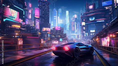 Cyberpunk cityscape with futuristic flying cars and neon-lit signs