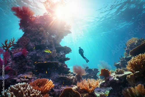 A scuba diver explores a colorful coral reef in the underwater world., Person scuba diving in a coral reef, AI Generated