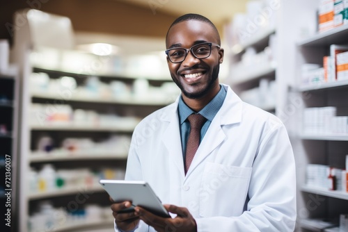 A man in a white lab coat holds a tablet, leveraging cutting-edge technology for scientific research and data analysis., Pharmacist smiling while holding a tablet in a drug store, AI Generated
