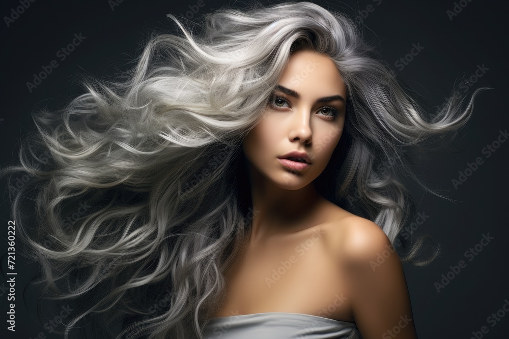 Naklejka premium A mature woman with silver hair strikes a pose as she prepares to be photographed., photography of stunning lady with wavy grey color hair, AI Generated