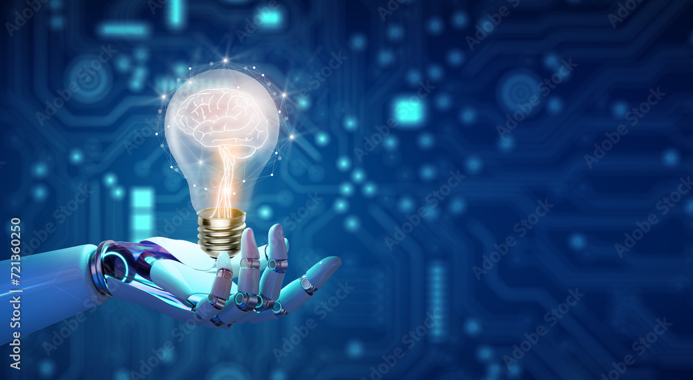Ai Robot hand holding Light bulbs with Brain inside and Low poly ...