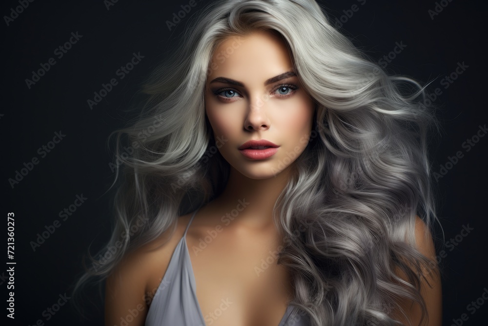 A woman with long grey hair striking a pose for a photograph., photography of stunning lady with wavy grey color hair, AI Generated A woman with long grey hair striking a pose for a photograph., photography of stunning lady with wavy grey color hair, AI Generated