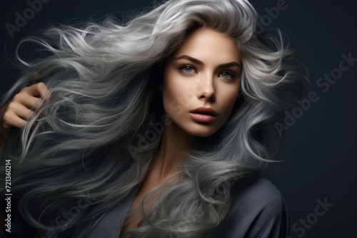 A woman with long grey hair is gracefully posing for a striking photograph., photography of stunning lady with wavy grey color hair, AI Generated