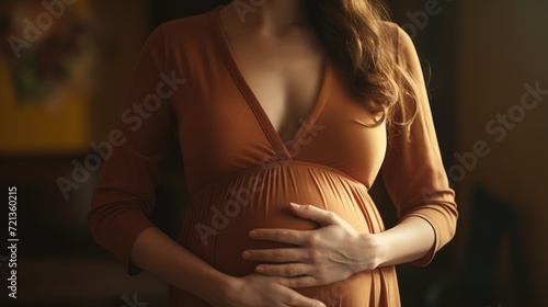 Closeup photo of young pregnant woman holds her hands on her swollen belly. Love concept. generative ai photo