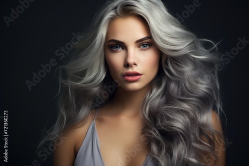 A woman with long grey hair striking a pose for a photograph., photography of stunning lady with wavy grey color hair, AI Generated