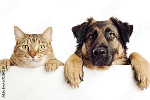 Cute puppy and kitten hanging paws over white ban