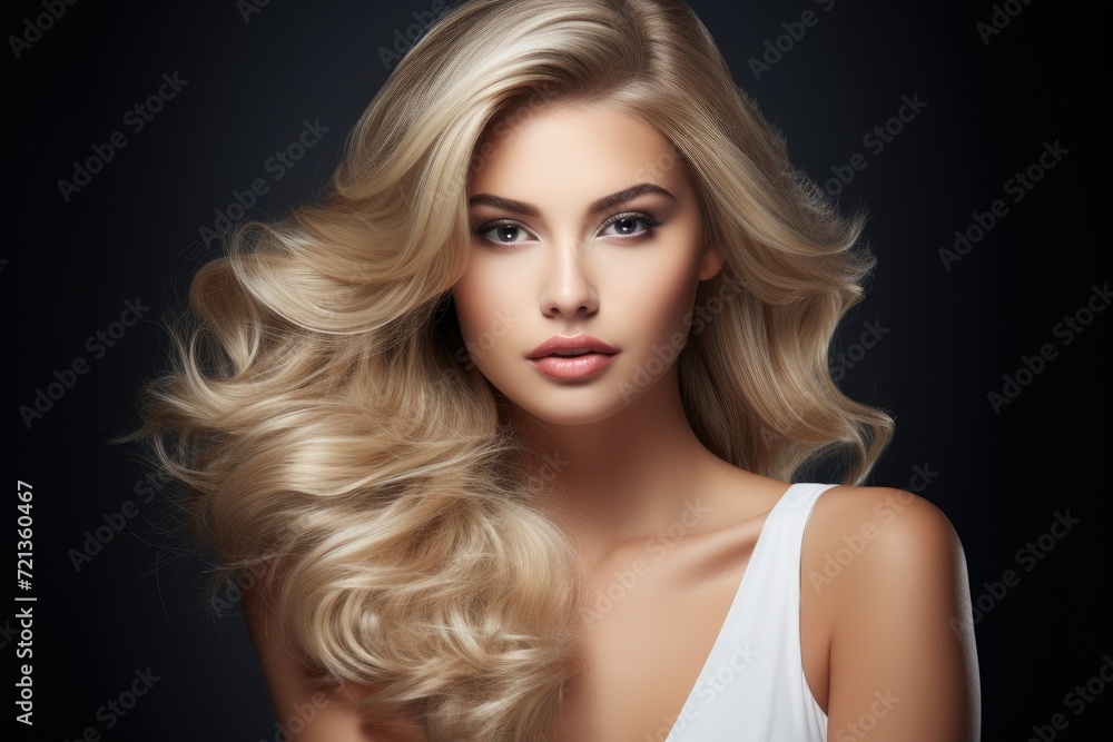 A woman with long blonde hair strikes a pose for a photograph., picture of beautiful blonde woman fashion model after salon hairdresser procedure, AI Generated A woman with long blonde hair strikes a pose for a photograph., picture of beautiful blonde woman fashion model after salon hairdresser procedure, AI Generated