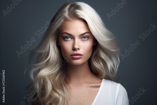 A woman with striking blue eyes and flowing, blonde hair., picture of beautiful blonde woman fashion model after salon hairdresser procedure, AI Generated