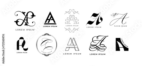 Creative A emblem. Letter a monogram for art school, architecture academy and abstract aesthetic branding template vector icon set