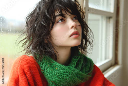 Portrait of a beautiful young woman in a red sweater and green scarf.