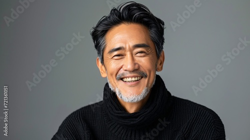 Middle-aged Asian gentleman dressed in dark pullover beaming contently while glancing towards the lens. photo