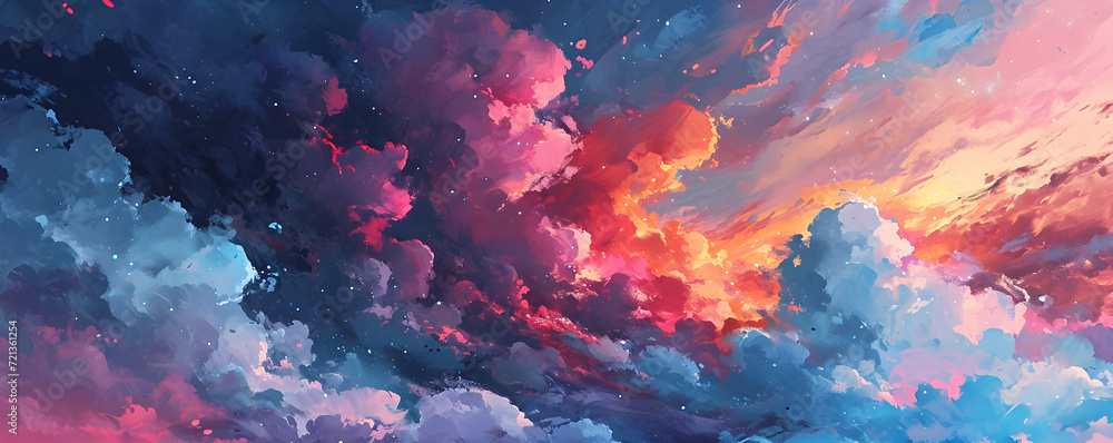 Watercolor sunset or sunrise sky. Magic night sky with pink, blue and purple clouds and stars. Beautiful nature background. Design for poster, sticker, paper, print, banner