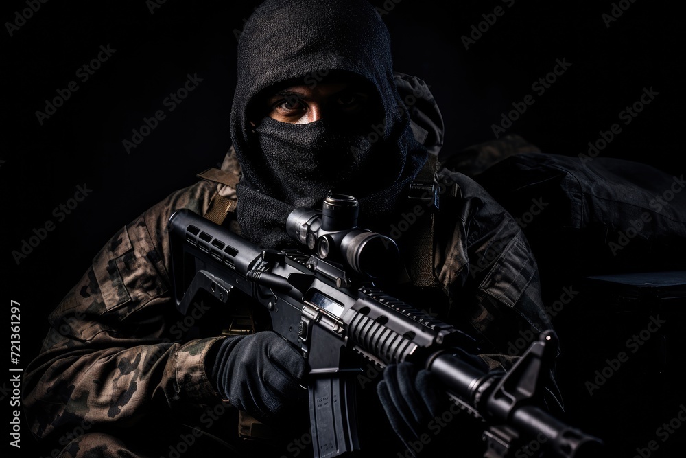 Masked Man Holding Rifle in Black, Portrait of a soldier or private military sitting with a sniper rifle on a black background, anonymous face, AI Generated Masked Man Holding Rifle in Black, Portrait of a soldier or private military sitting with a sniper rifle on a black background, anonymous face, AI Generated