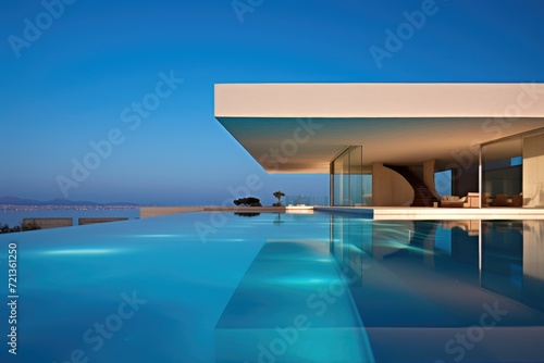 Dive into sheer bliss with a refreshing swim in this breathtaking swimming pool offering a stunning view of the expansive ocean, Pool attached to the home with a clear sky, AI Generated