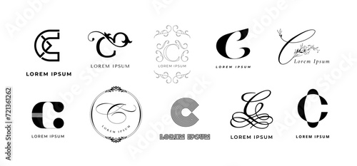Creative C emblem. Letter c monogram for custom craft, coffee cafe and cooking courses branding template vector icon set photo