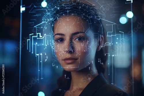 Womans Face Surrounded by Lines and Dots, Abstract Art Concept, portrait Face recognition technology scanning young businesswoman face biometrical authentication, AI Generated photo