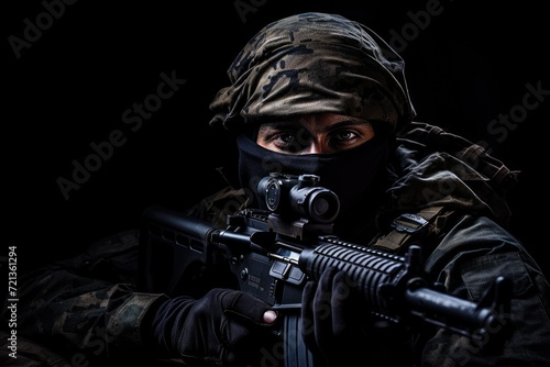 Man in Camouflage Holding Rifle in a Forest for Hunting, Portrait of a soldier or private military sitting with a sniper rifle on a black background, anonymous face, AI Generated