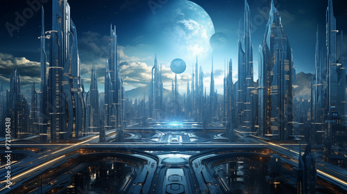 Futuristic metropolis with towering skyscrapers and futuristic flying vehicles photo