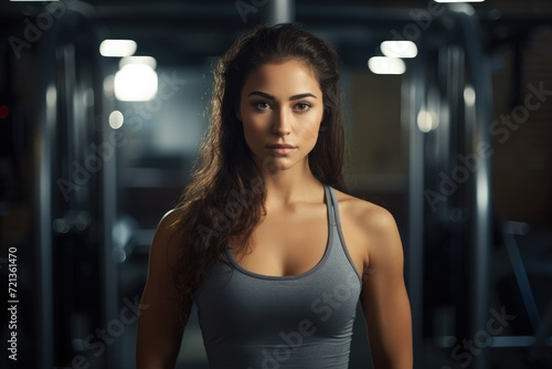 A woman wearing a gray tank top confidently stands in a well-equipped gym, Portrait of beautiful woman working out at gym, AI Generated