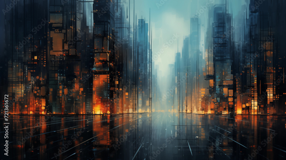 Digital rain falling over a cityscape of abstract and futuristic buildings