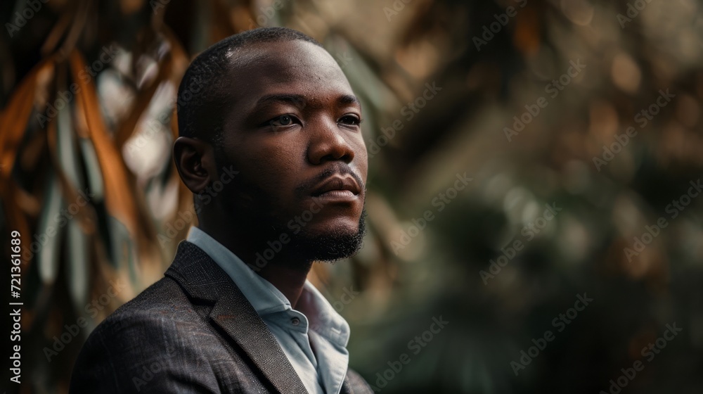 Elegant Man in Grey Suit Jacket Contemplating in Natural Outdoor Setting Elegant Man in Grey Suit Jacket Contemplating in Natural Outdoor Setting