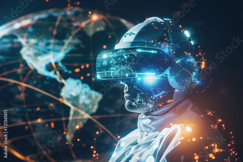 Astronaut wearing virtual reality glasses and Earth planet hologram.