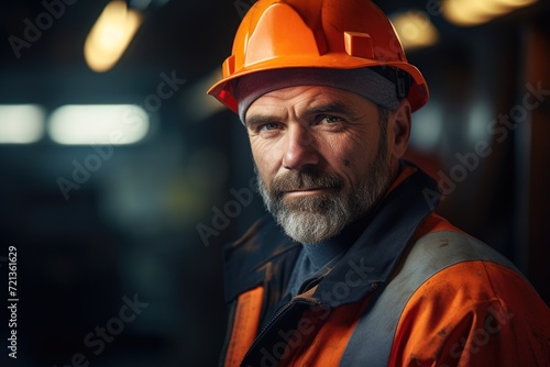 A man with a beard confidently wears a hard hat as he works on a construction site, Portrait of Industry maintenance engineer man wearing uniform, AI Generated