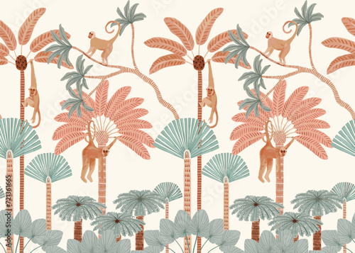 seamless pattern with monkey and jungle