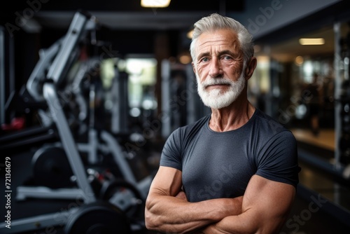 A man with a white beard confidently poses in front of a gym machine, ready to start his workout, Portrait of senior man working out gym fitness, fitness concept, AI Generated