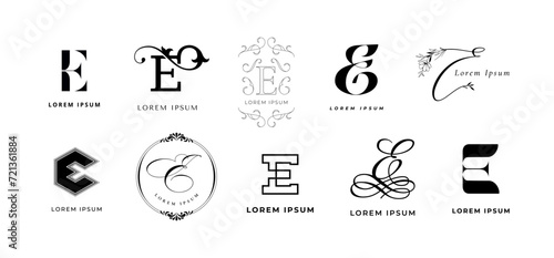 Creative E emblem. English letter e elegant monogram for eco energy, electronic and elite event branding template vector icon set