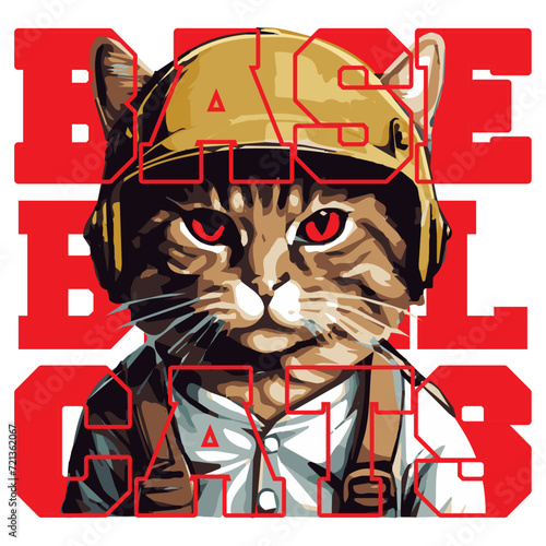 Illustration of a Cat with a Gold Baseball Cap with the text "BASEBALL CATS". Great for t-shirts when watching baseball and perfect for fans of cats and baseball. Suitable for designs on t-shirts.