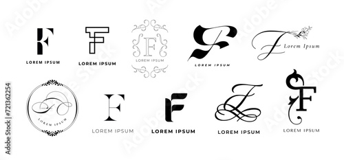 Creative F emblem. Letter f monogram for fast fitness  futuristic festival and floral farm branding template vector icon set
