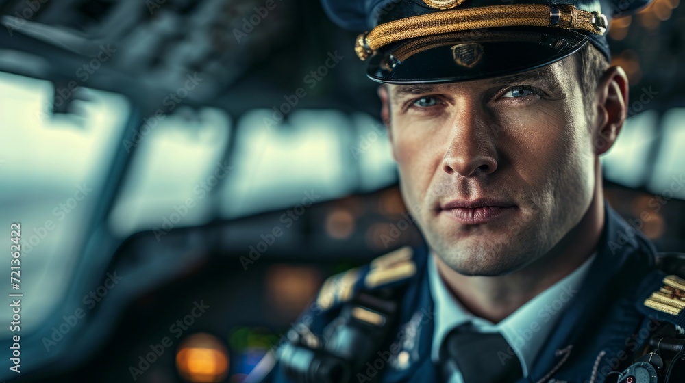 Uniformed Pilot in Cockpit with Blurred Face, Surrounded by Aircraft Controls and Windows Uniformed Pilot in Cockpit with Blurred Face, Surrounded by Aircraft Controls and Windows