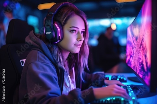 A girl wearing headphones concentrates while using a computer for listening to music and working on tasks, Professional gamer girl plays video games on RGB pc, AI Generated