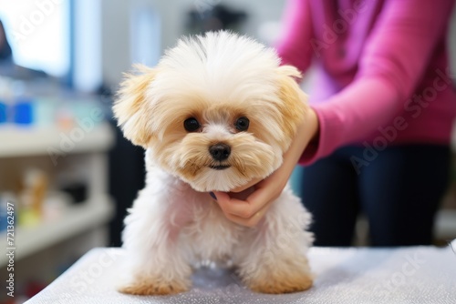 A small white dog calmly perches on top of a table, Professional groomer gives cute little dog trendy haircut at zoo salon, AI Generated