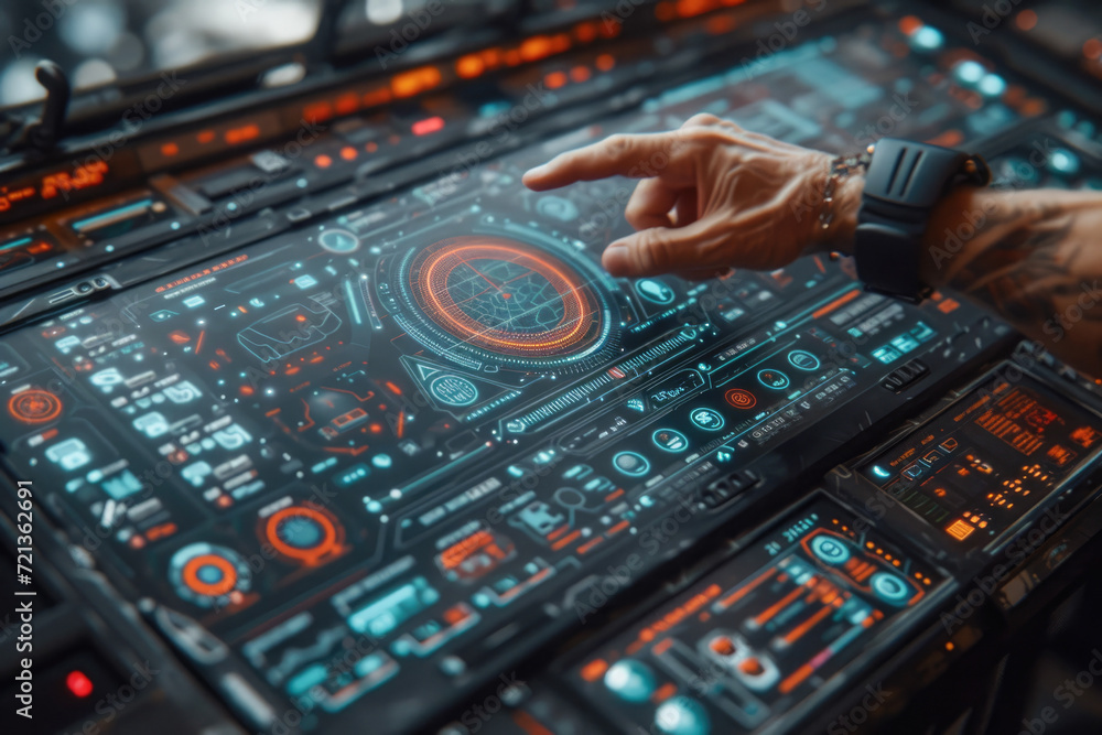 Close up view of male pilot hands touching button on control panel of airplane