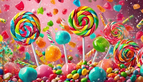 colorful candy.a visually delightful illustration showcasing a burst of colorful lollipops surrounded by an assortment of candy on a lively pink background. Convey the exuberance of sweets and the pla