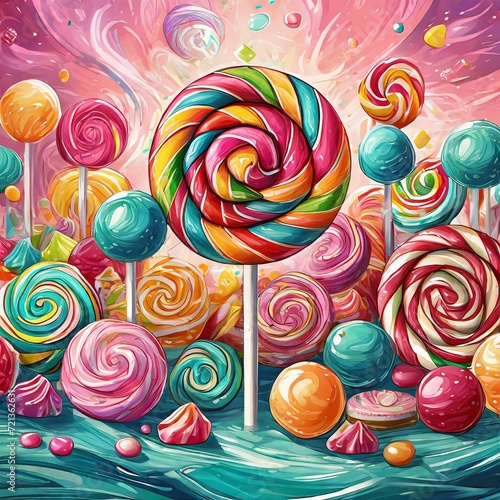 a vibrant digital illustration featuring an array of colorful lollipops surrounded by a variety of candy on a playful pink background. Embrace the sweetness of the scene and highlight the joyous, whim