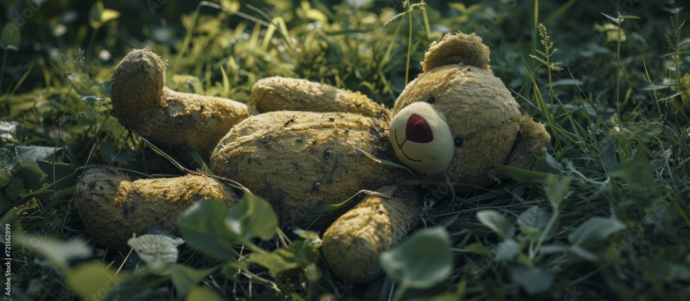 Destroyed Teddy Bear lying in the Grass - A Heartbreaking Scene of a Destroyed Teddy Bear amidst the Beauty of the Green Grass Destroyed Teddy Bear lying in the Grass - A Heartbreaking Scene of a Destroyed Teddy Bear amidst the Beauty of the Green Grass