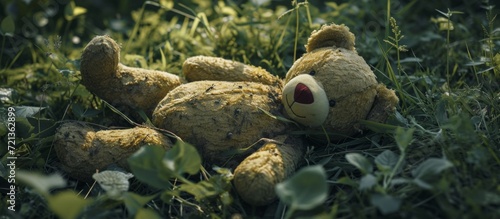 Destroyed Teddy Bear lying in the Grass - A Heartbreaking Scene of a Destroyed Teddy Bear amidst the Beauty of the Green Grass