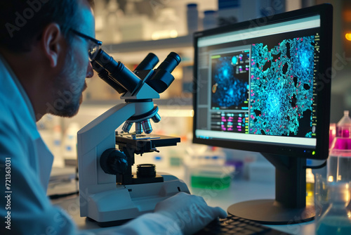 Scientist Examining Stem Cells Under Microscope in Laboratory