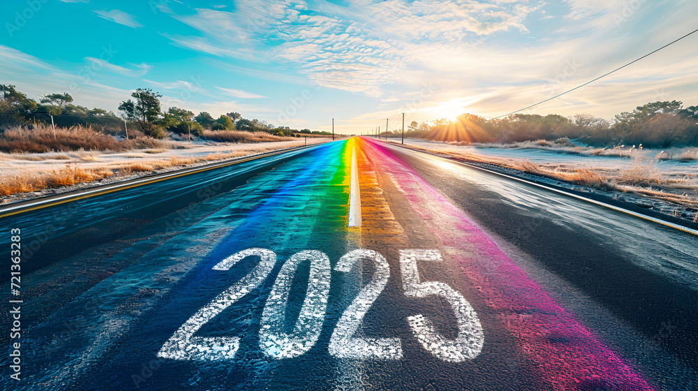 2025 written on highway road in the middle of empty asphalt road, Black