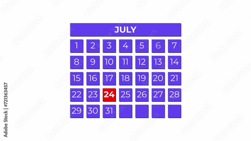24th July calendar icon animation. Alpha matte with transparent background 4K resolution. 24th July calendar icon animation. Alpha matte with transparent background 4K resolution.