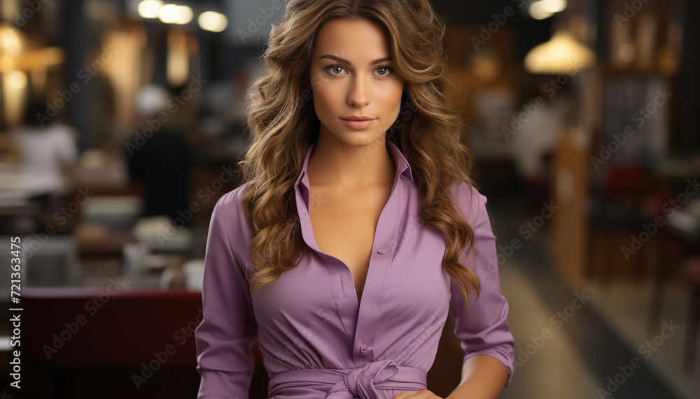 Beautiful woman with brown hair looking confidently at the camera generated by AI