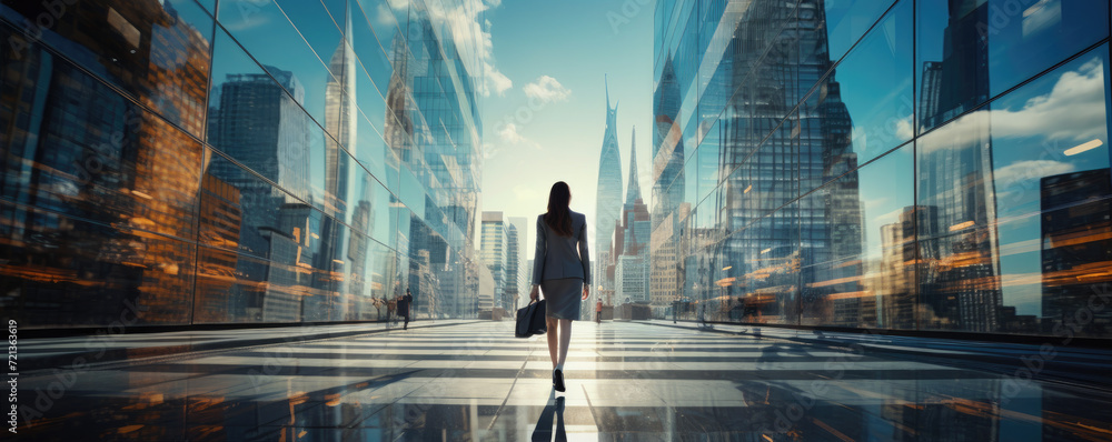 Successful businesswoman walking down the business centrum, reflective skyscrapers around. - obrazy, fototapety, plakaty 