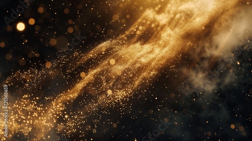 A cascade of golden dust particles, shimmering against a backdrop of pure darkness, akin to a cosmic event