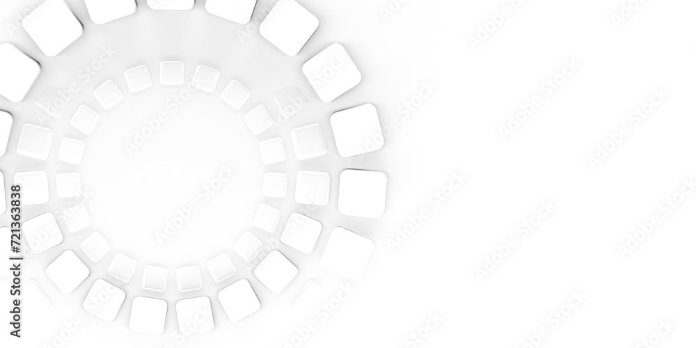 Fototapeta premium White abstract background with rounded cubes, space for copy text. White template with cubes in rings, for copy space, banner. 3D render
