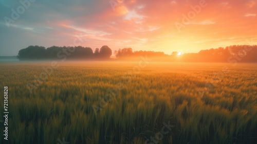 Green growing crops of wheat or rye beautiful agricultural foggy landscape with at sunrise dawn